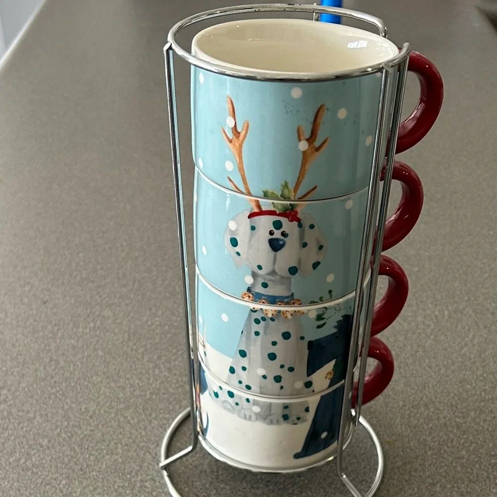 NWT Pier 1 set of 4 stacking Christmas puppy dog design mugs with holder. - Picture 1 of 6